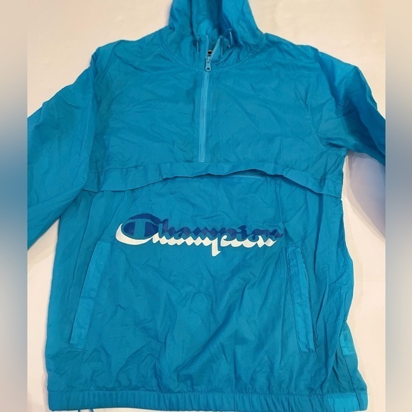 Champion Mens Teal Blue Quarter Zip Packable Windbreaker Anorak Jacket Medium